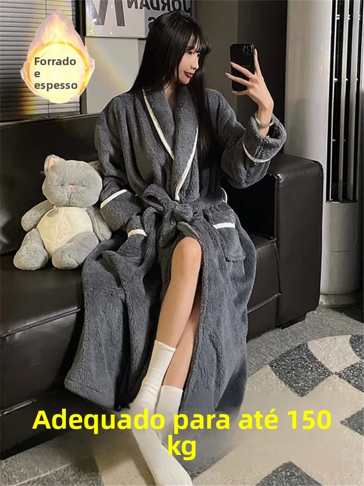 特大サイズ300ポンド対応、ベルト付きエクストラロングコーラルフリースローブ、厚手で暖かい男女兼用冬用ホームウェア-寝間着