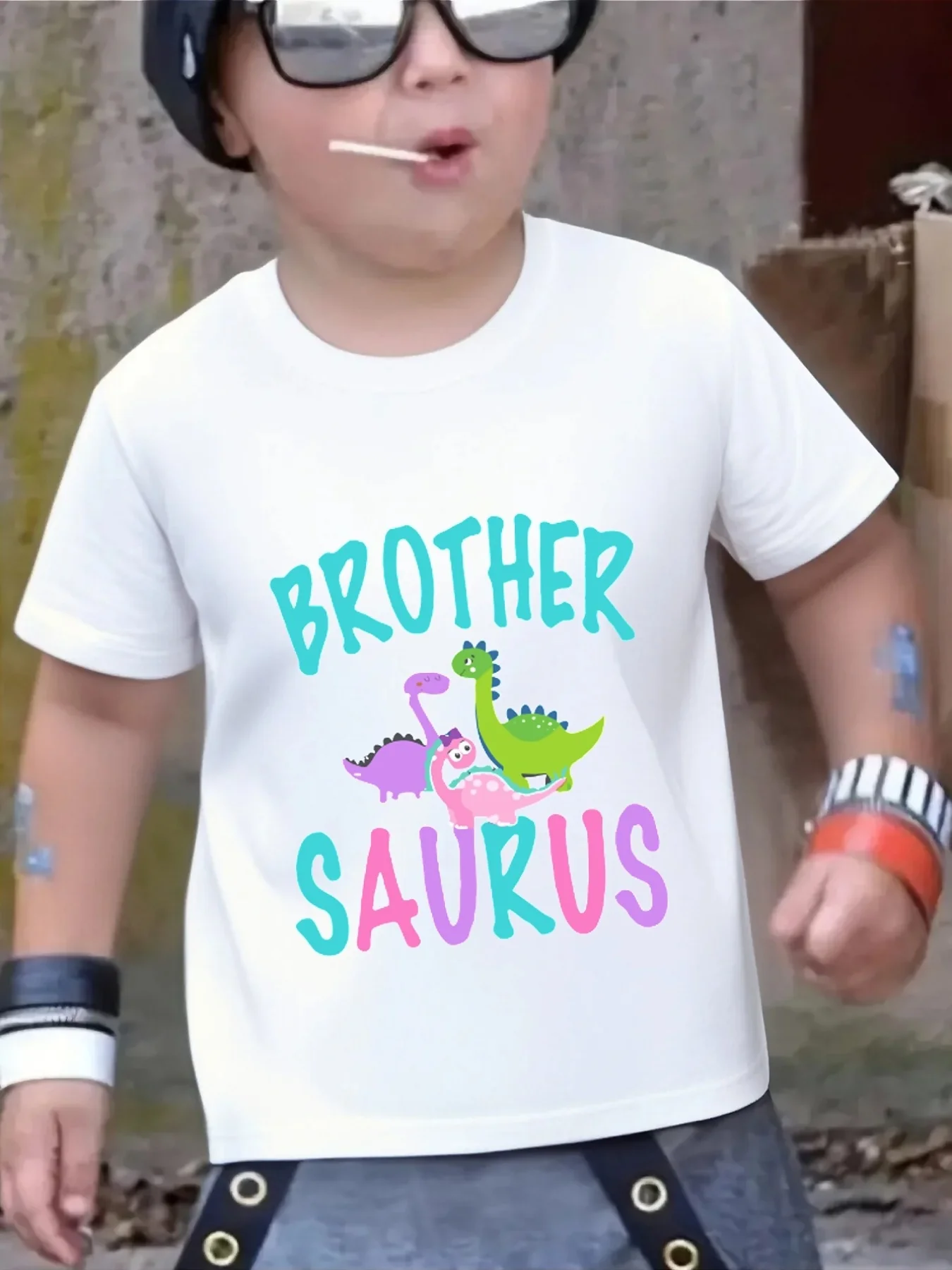 Brother Saurus Colorful Dinosaur Letter Art Graphic Print Family Matching Short Sleeve Tee Boys Girls Kids Casual Daily Tops