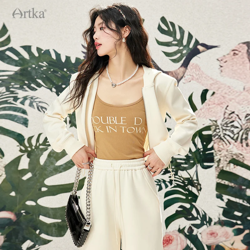 ARTKA 2024 Spring New Women Suit Fashion Chic Casual Sport Short White Hoodies Coat Elastic High Waist Straight Pants TZ92143C