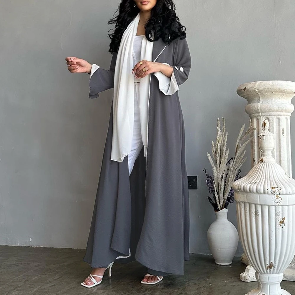 Stylish Fashion Arab Dubai Fashion Solid Women Casual Patchwork Open Kimono Abaya Jalabiyat Muslim Ramadan Turkish African Robes