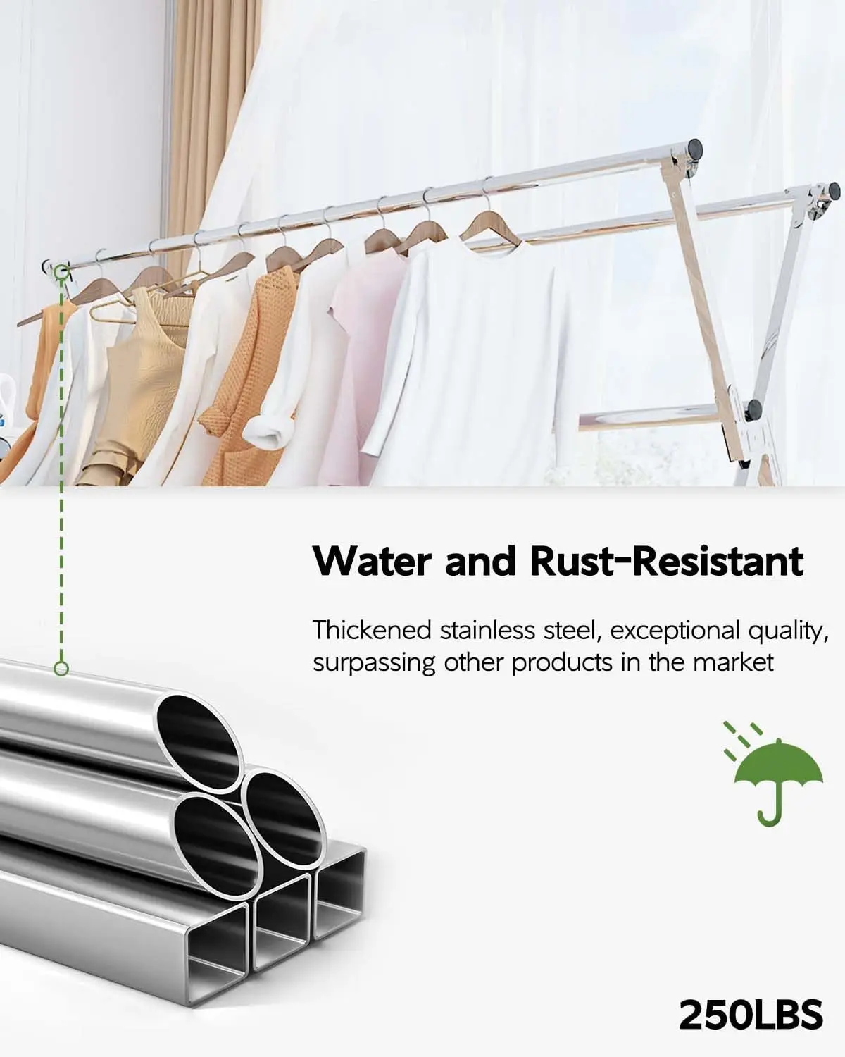 

2M/2.4M Clothes Drying Rack Folding Outdoor Indoor, Collapsible Foldable Laundry Drying Rack,Heavy Duty Stainless Steel Clothes