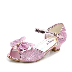 Chaussures en cuir à talons hauts pour filles, sandales brillantes pour fête de princesse, chaussures de mariage pour enfants, chaussures à nœud papillon pour enfants, mode