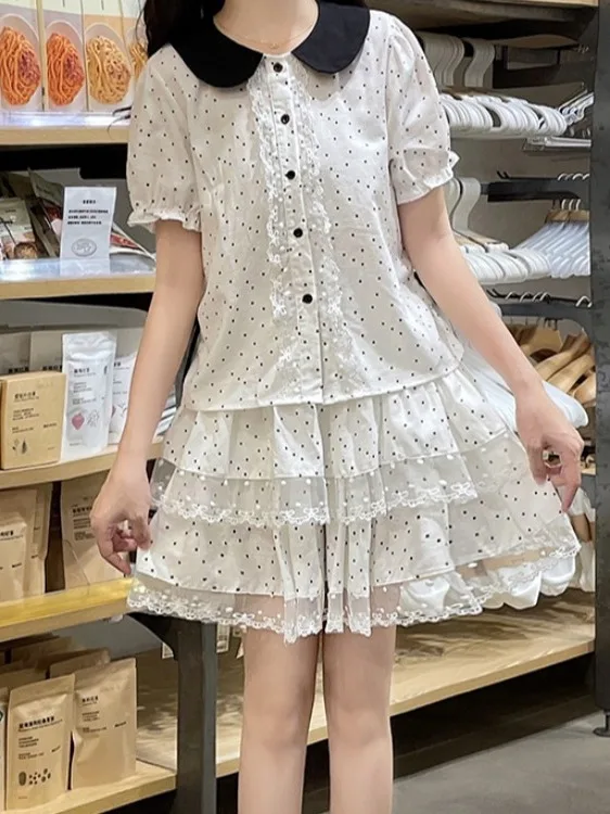 

Summer Short Sleeve Doll Collar Shirt And Cake Skirt Set Waist Cinching Anti-Wrinkle Chic Two-Piece Women's Ensemble