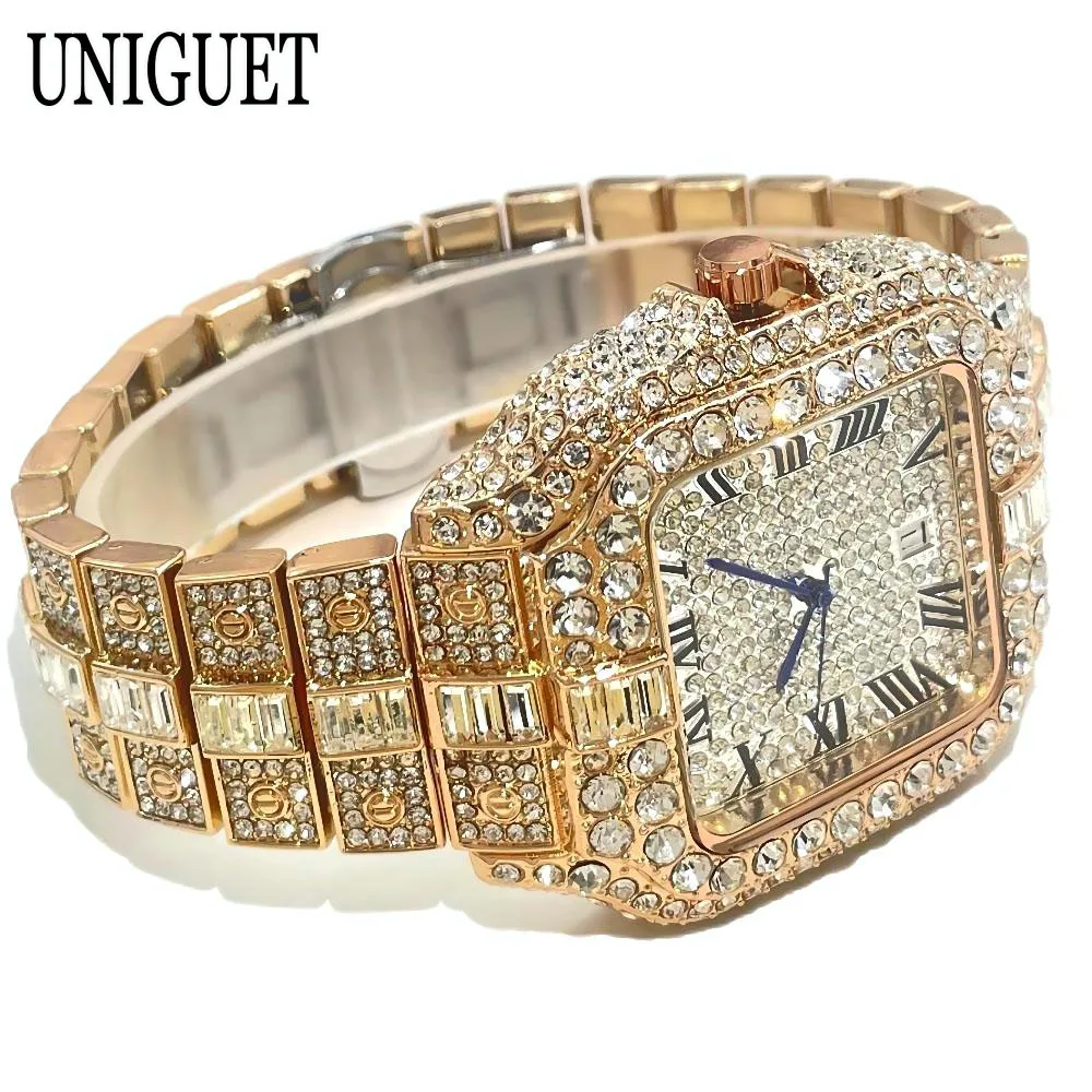 UNIGUET Rose Square Watch for Men Fashion Waterproof Quartz Clock Hip Hop Bling Iced Out Diamond Jewelry Wristwatch Man 2024 Hot