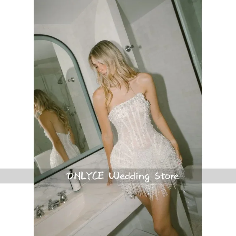 

Customized Beaded Lace Tassel Mini Wedding Dress Strapless Sheath vestidos de noiva Lace-up Back After Party Dresses 2026