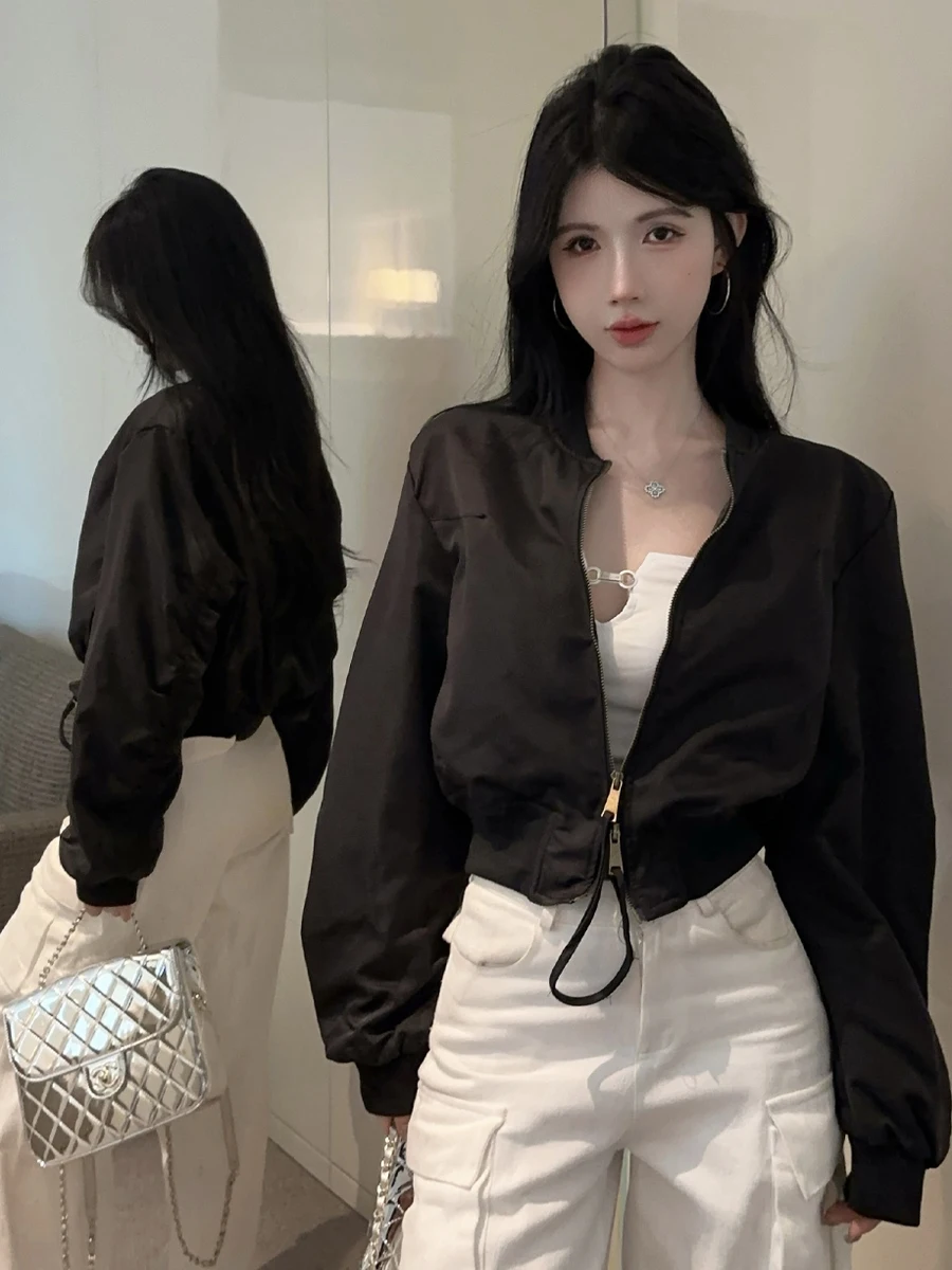 

Sli Ретро воротник-стойка ort Baseball Jaet на молнии Long Sve Верхняя одежда для похудения Свободный топ для девочек Trendy Hot Girl Wind