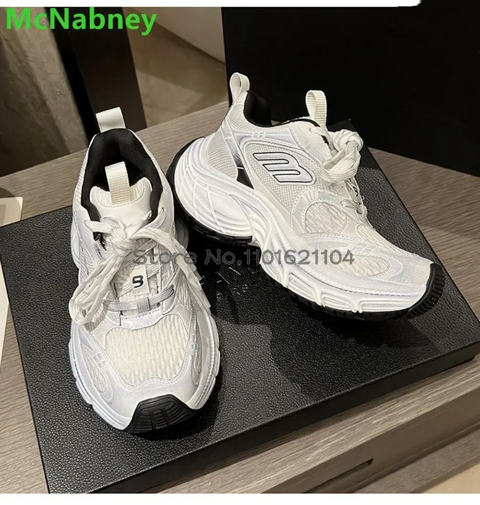

Thick Sole Lace-up Sneakers For Female Women 2024 Spring New Round Toe Mesh Upper Couple Height Increase Casual Sports Shoes