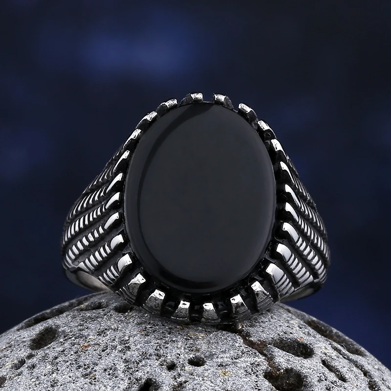 Trendy 316L Stainless Steel Gothic Accessories Black Gem Stone Ring  For Man Wome Punk Charm  Jewelry Couple&Wedding  Gift