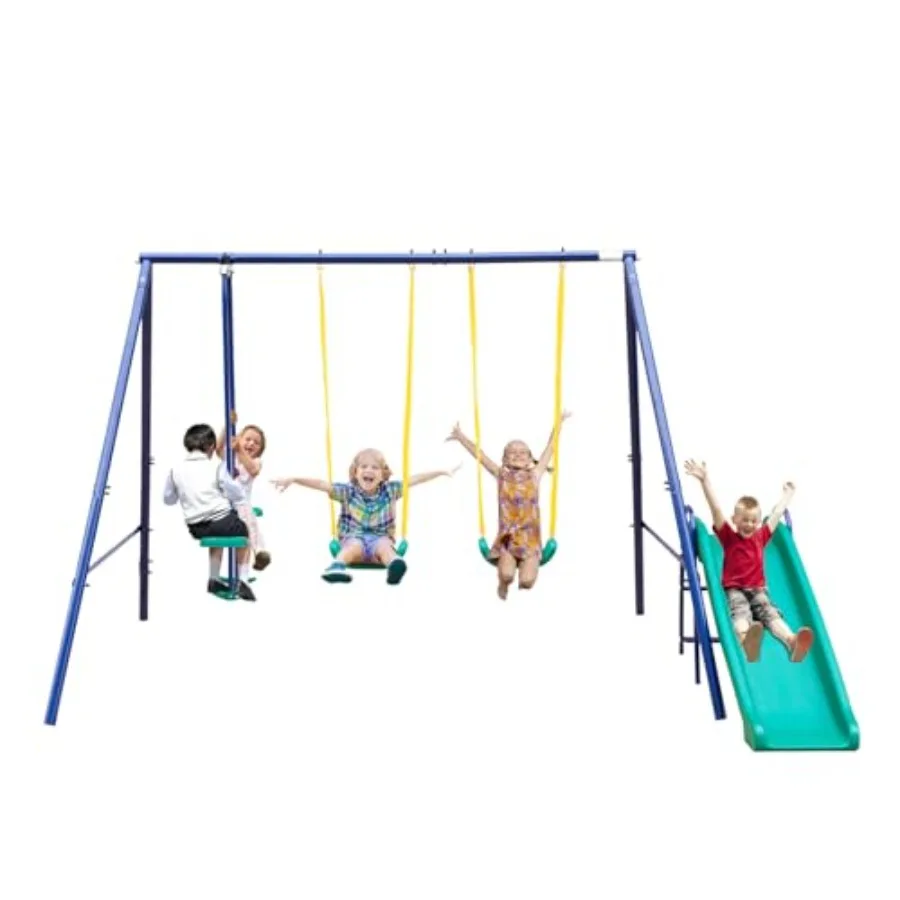 

Metal Swing 4 in 1 Sets Outdoor Heavy Duty A-Frame for Playground and Backyard Holds up to 400lbs Blue Suitable for 5