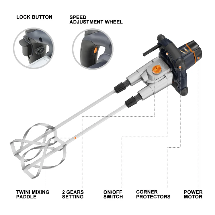 Miscelatore elettrico per vernice a doppia paletta industriale durevole da 1600 W Miscelatore per calcestruzzo portatile commerciale per malte