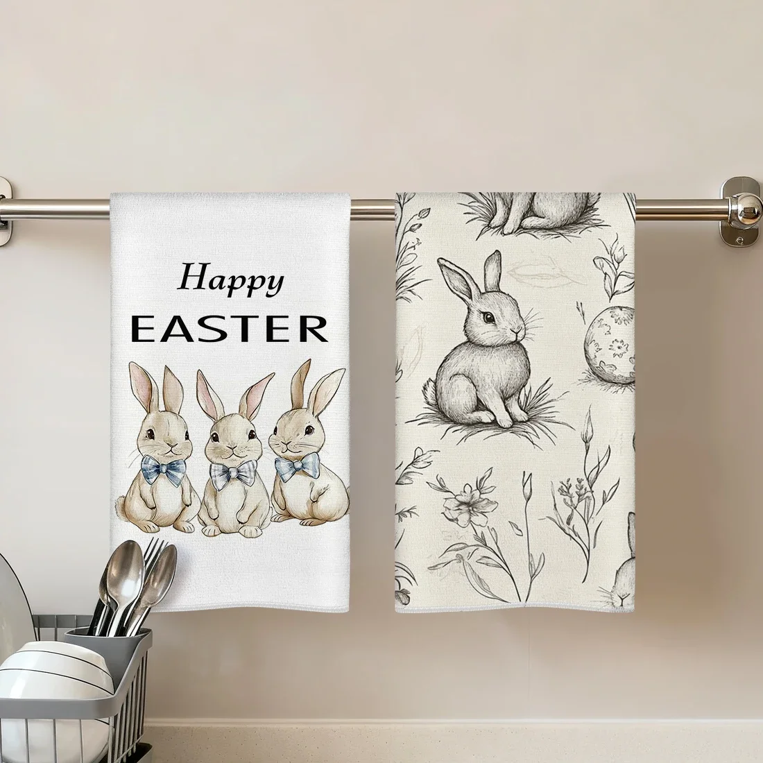 

2 Pcs Easter Bunny Printed Kitchen Towel, Polyester Terry Cloth Absorbent Hand Towel For Kitchen Bathroom Home Decor