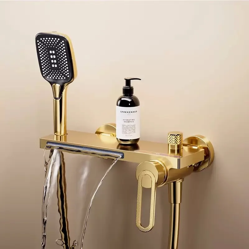 

Gold Bathtub Faucet Wall Mounted Large Waterfall and Storage Rack Multifunctional Bathtub Shower Handheld for Bathroom