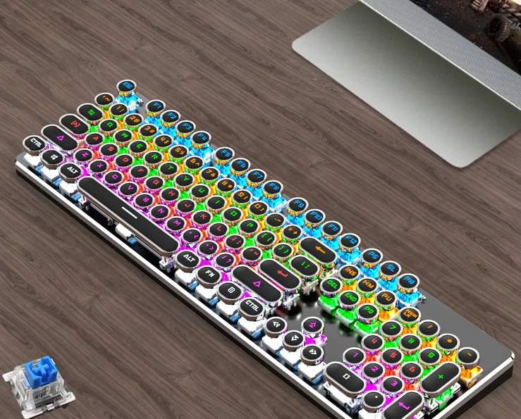 Macchina da scrivere retrò Steampunk RGB Tastiera cablata retroilluminata a LED Tasti rotondi punk Tastiera da gioco meccanica per PC desktop/laptop/Phon