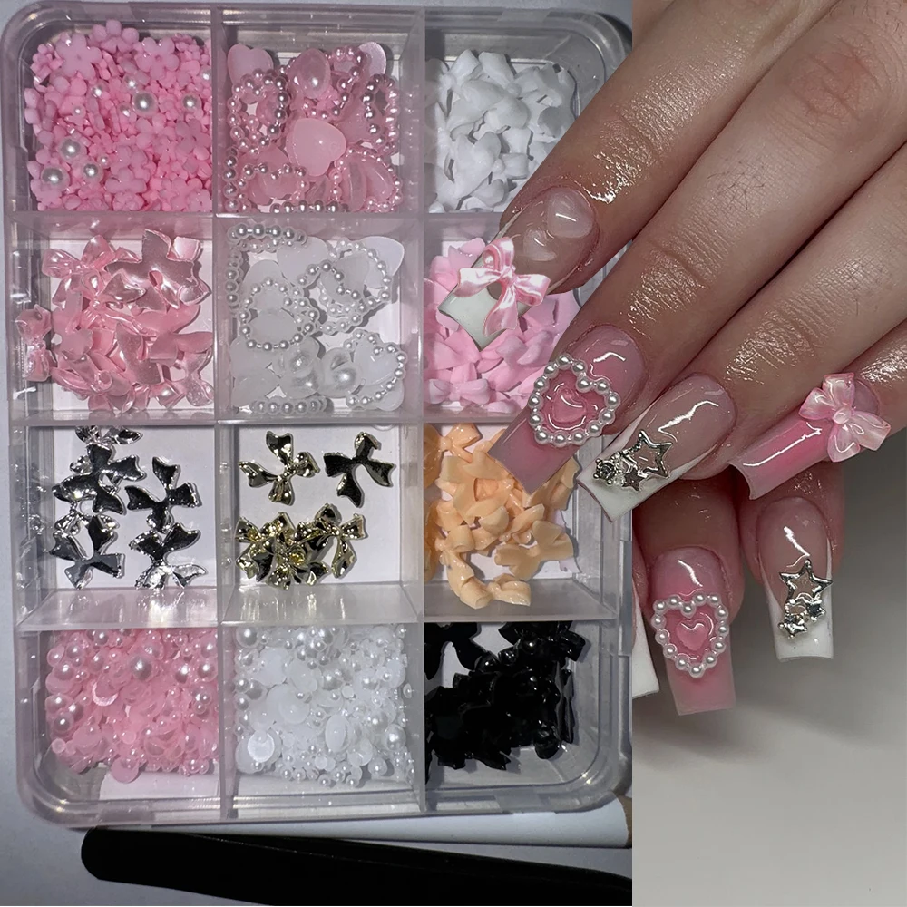 12Grids 3D Resin Pink White Bowknot Pearl Nail Charms Hollow Pearl Heart Acrylic flowers Y2k Nail Accessories Mixed Manicure Dec