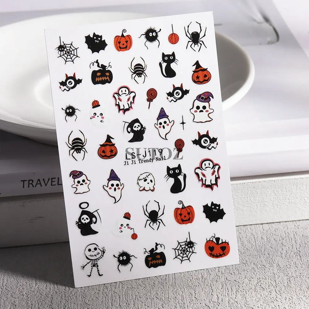 Cartoon Ghost Nail Stickers decorazione di Halloween Cute Pumpkin Slider Heart Spider Web Bat Skull Charms Manicure Decal LEBLS-J116