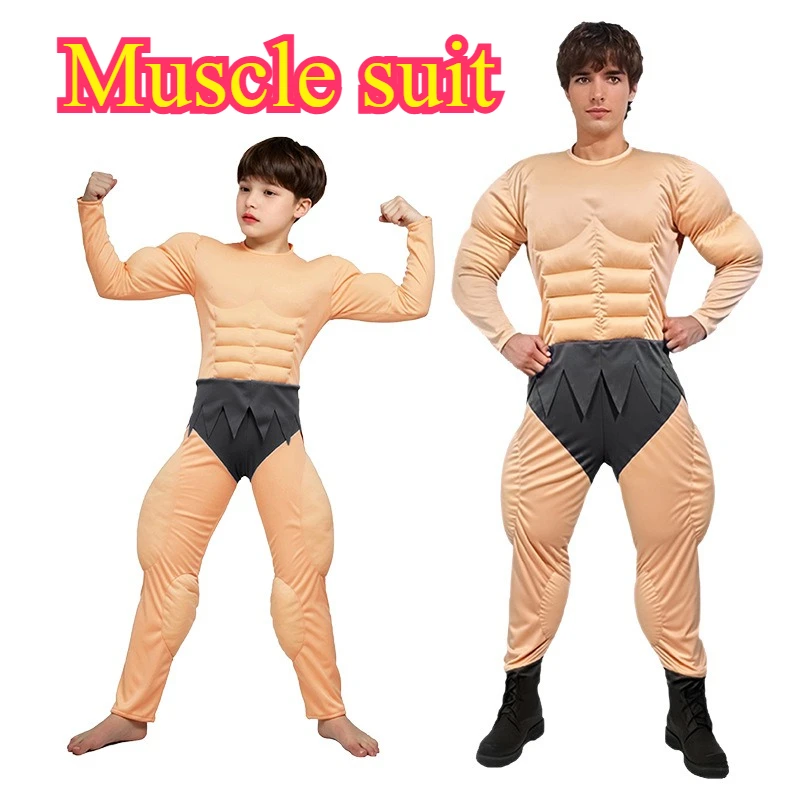 Men Muscle Suit Cosplay Bodysuit Fake Chest Skin Color Tight Fit Halloween Role Play Party Stage Show Costume Spandex Jumpsuit