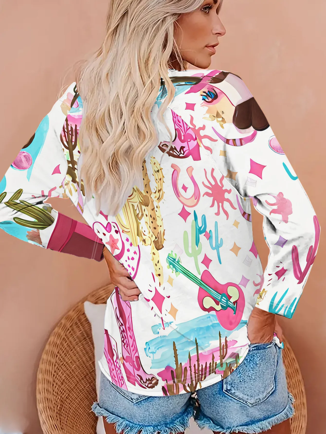 Women Round Neck Long Sleeve T‑shirt Western Cowboy Cactus Guitar Print Holiday Tee Top Casual Daily Autumn Wear Women's Clothes