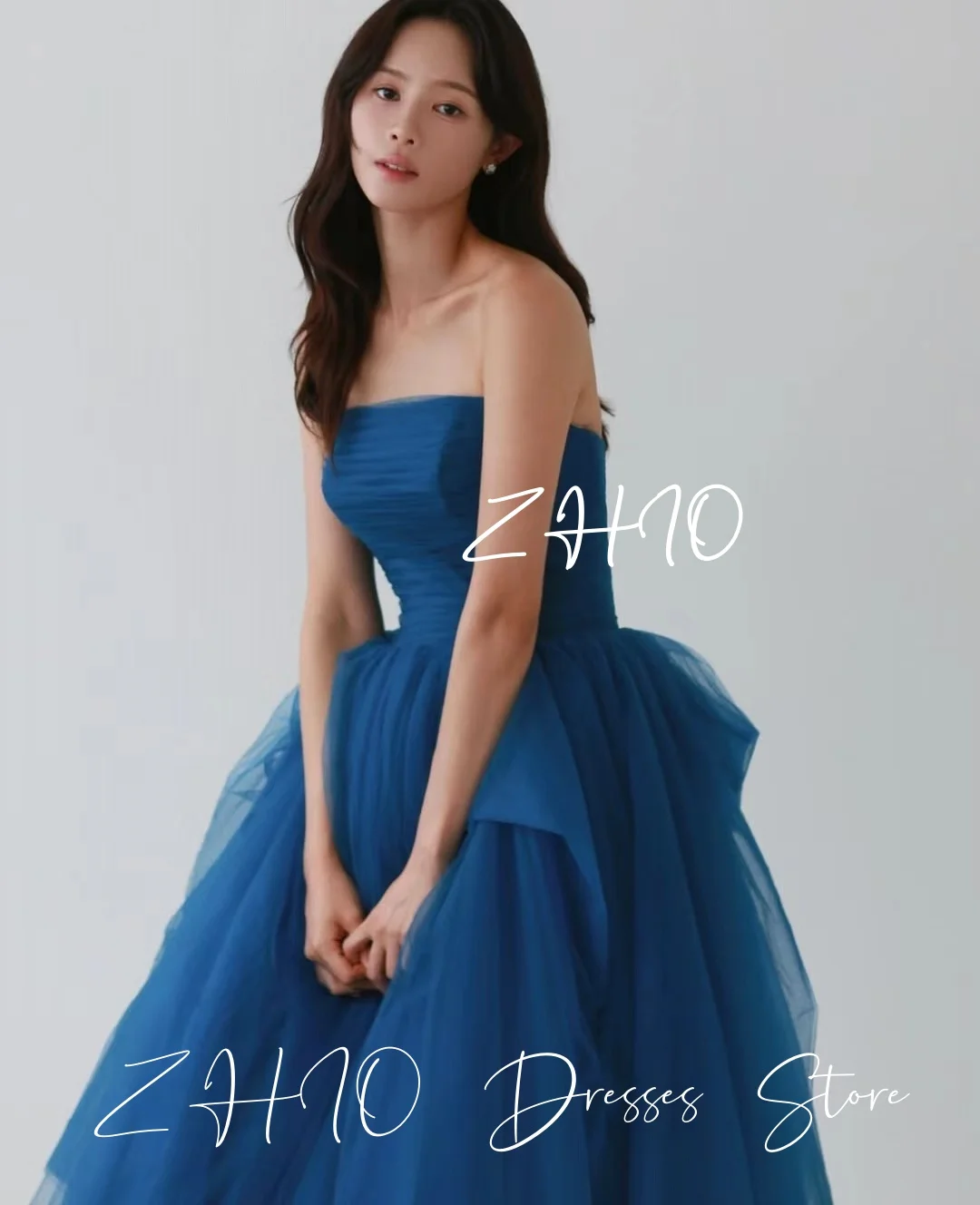 Zhi princesa azul vestido de casamento xale destacável sem alças multi-camadas tule trem coreia sessão de fotos vestido de noiva personalizado