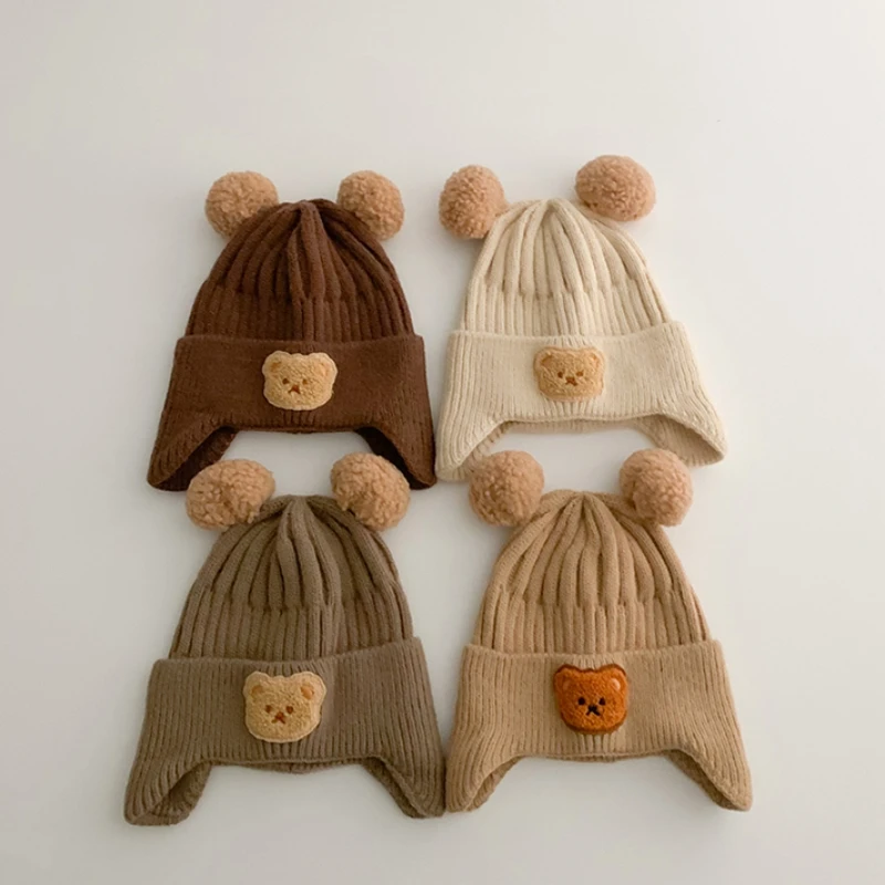 

Autumn Winter Warm Baby Girl Boy Cap Cartoon Knitting Bear Toddler HatInfant Soft Cute Beanie Cap Ear Protection Hat