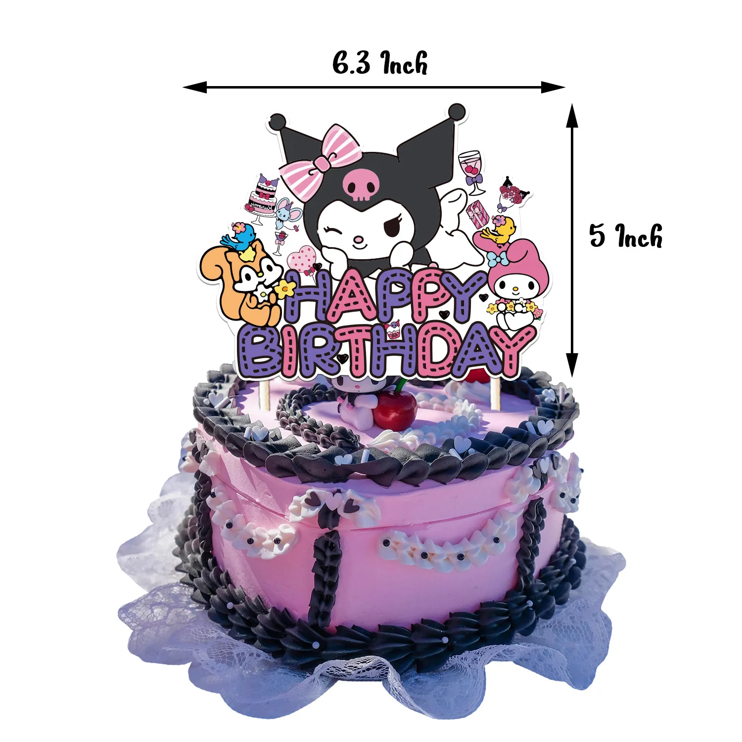 Cute Sanrio Kuromi Theme Birthday Party Decoration Flag Cake Card Balloon Spiral Decoration Invitation Card Suit for Children