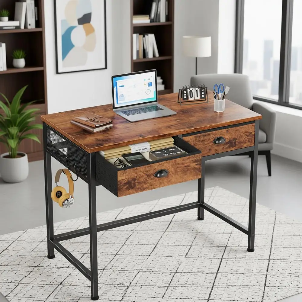 

Компактный письменный стол 34 с тканевыми ящиками для домашнего офиса, спальни или туалетного столика в деревенском стиле, коричневый