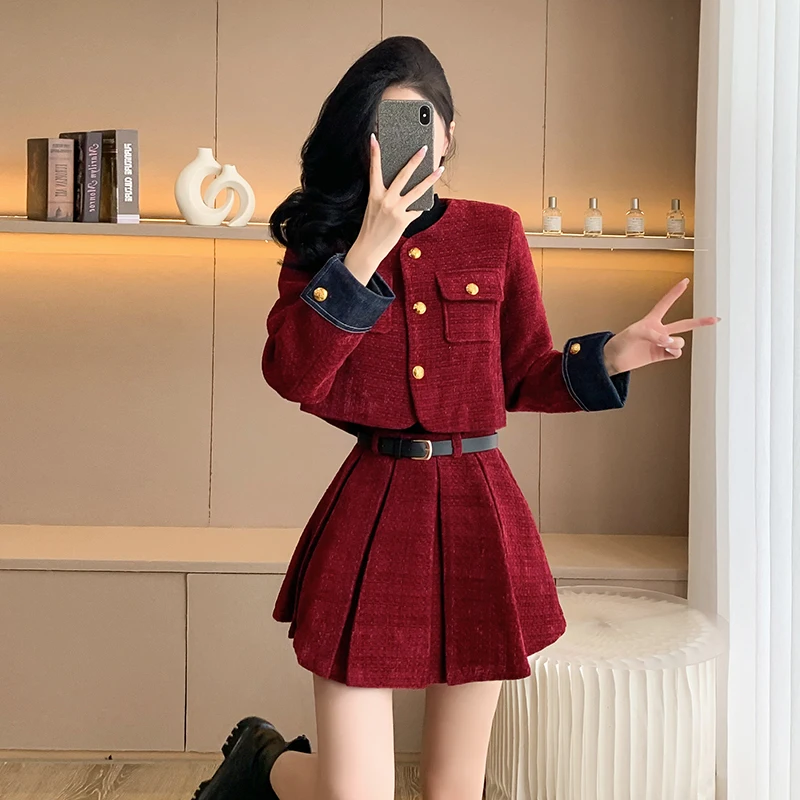 Luxury Korean Fashion Vintage Women Autumn Winter Tweed 2 Piece Set Short Coat Outwer+Casual Party Mini Skirts Sets