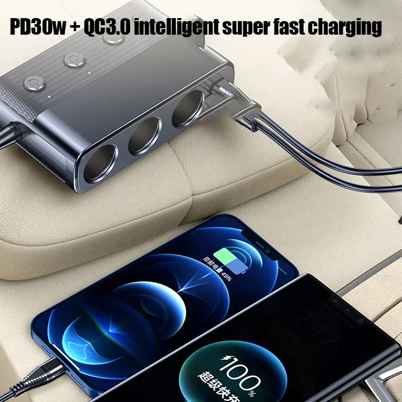 

New 128W Car Cigarette Lighter Charger Splitter Adapter PD30W QC3.0 Multi Ports Quick Phone Charge USB Charging Socket