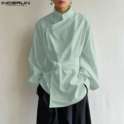 INCERUN Men Irregular Shirt Solid Stand Collar Long Sleeve Lace Up Streetwear Men Clothing 2024 Korean Fashion Casual Shirts