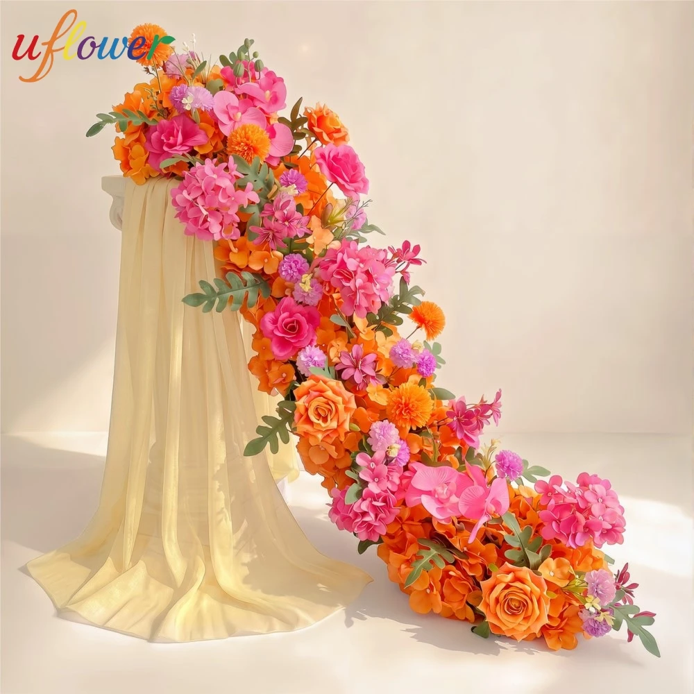 

Uflower 100cm Luxury Orange Red Rose Artificial Flower Row Table Centerpiece DIY Wedding Decoration Floral Backdrop Arch Party