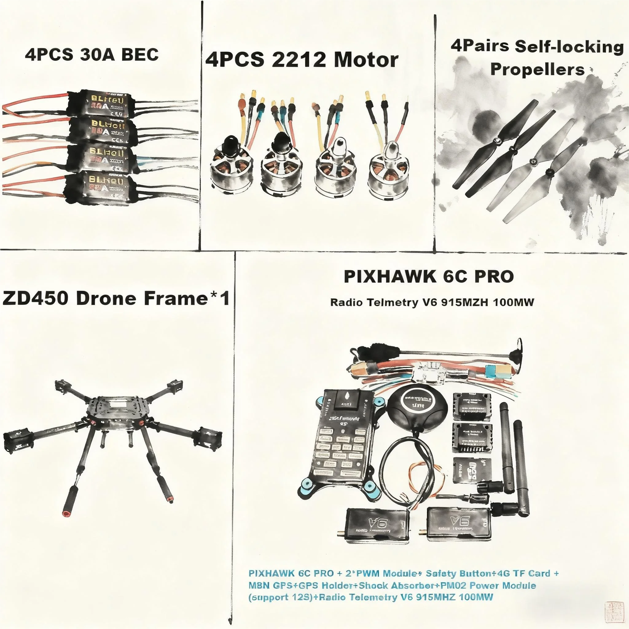 

Pixhawk 6C PRO Flight Control M8N/M9N Комплект рамок из углеродного волокна 450 Ardupilot Радиотелеметрия Квадрокоптер BLHELI 30A ESC 2212 Двигатель