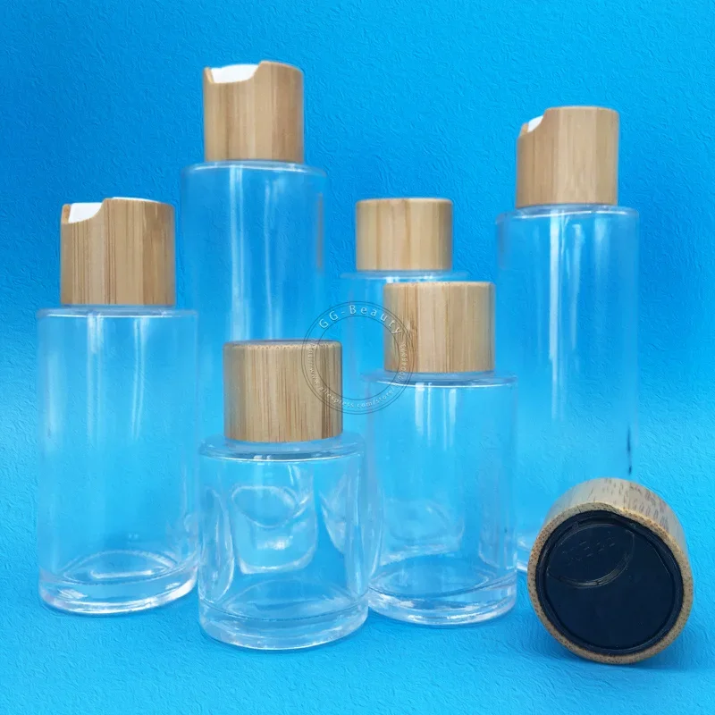 

sale delicate Clear Glass Bottles with Friendly Bamboo Cap Screw Twist Lids Cosmetic Brush Puff Cleaning Liquid Vials with caps
