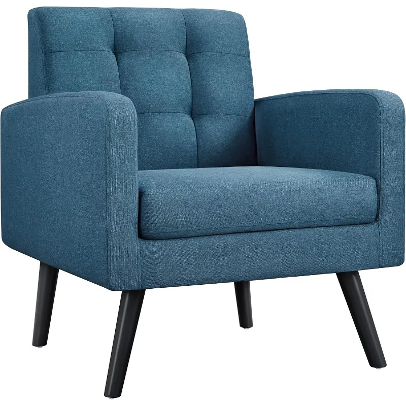 

Mid-Century Accent Chairs, Cozy Armchair Button Tufted Back and Wood Legs for Bedroom/Office/Cafe, Navy Blue