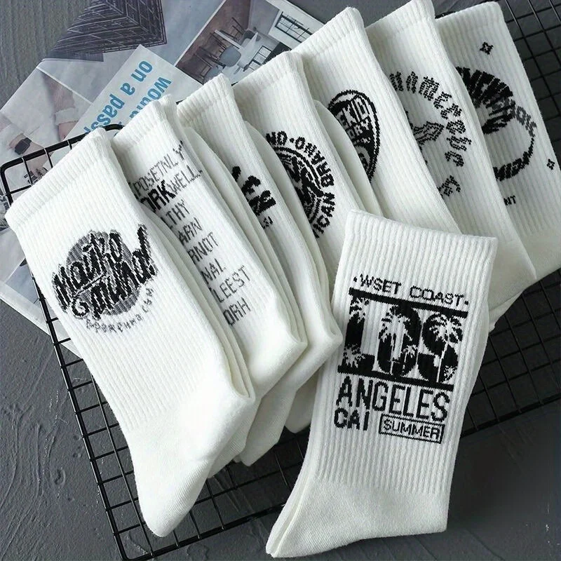 8 pairs of trend cartoon letters autumn and winter stockings casual men\'s socks sweat-absorbent breathable student high-top