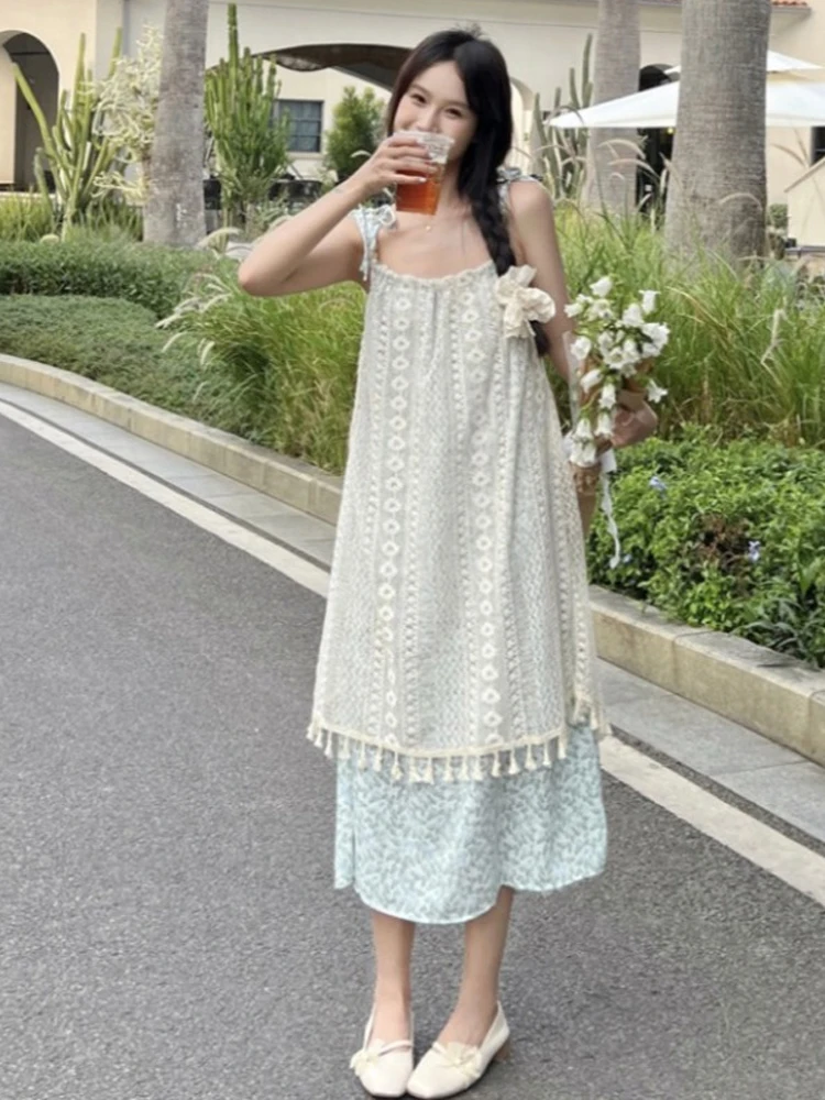 Vestido Floral ter F Chic Retrô com Franjas e Detalhes em Camadas, Saia A-Line Doce para Férias, Moda Fena Prim...