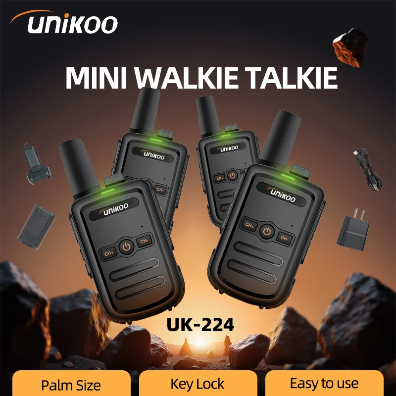 

UNIKOO UK224 4 PCS Mini Walkie Talkie PMR FRS Radio License-free Portable rechargeable Two-way Radio stations for Camping Cafe