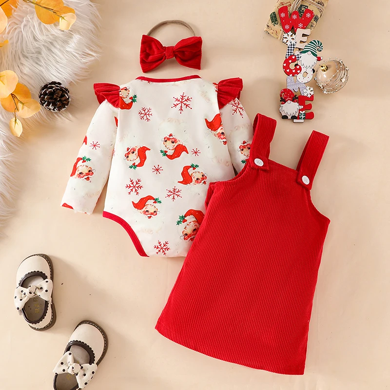 VISgogo 0-18 Months Baby Girls Christmas Set Ruffles Long Sleeve Romper Corduroy Santa Overall Skirt Bow Hair Band Outfits