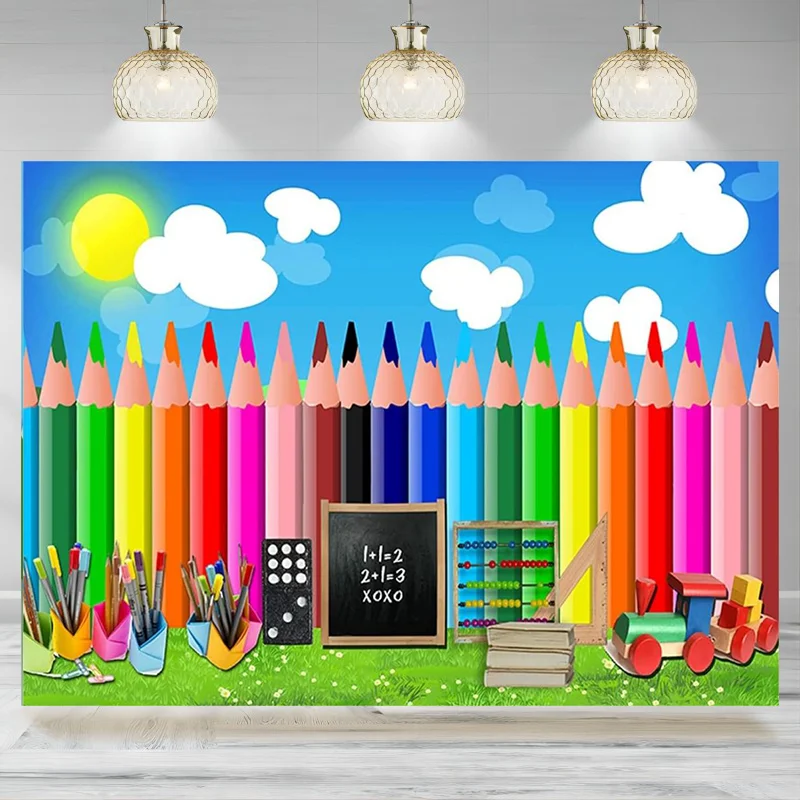 Children's Room Decor Photography Background Crayon Sun Clouds Blue Backdrop Kindergarten Activity Party Decoration Banner