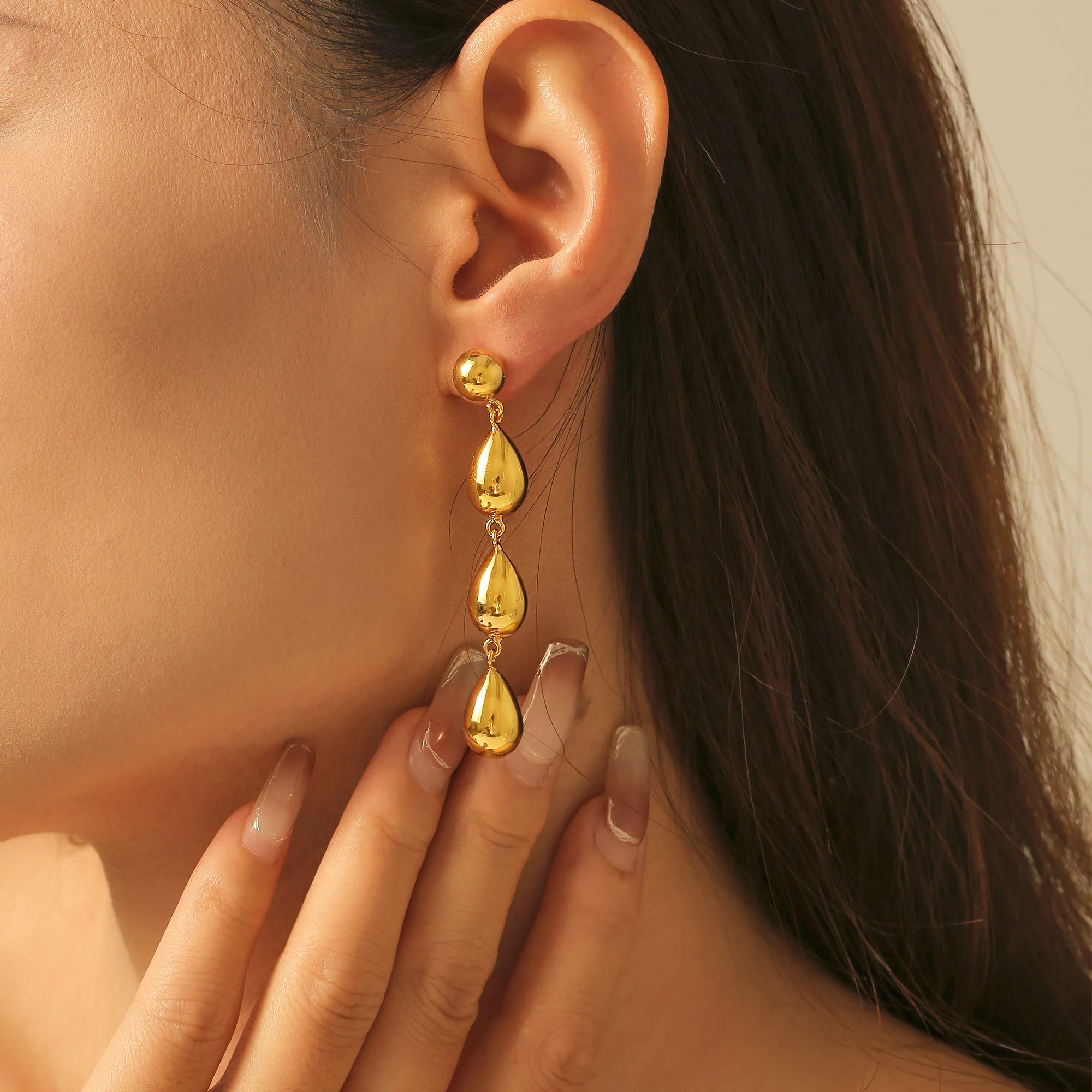 3 Droplet Pendant Stud Earrings For Women 18k Gold Plated Waterproof No Tarnish Women\'s Long Dangle Earring Girls Ear Ring Studs