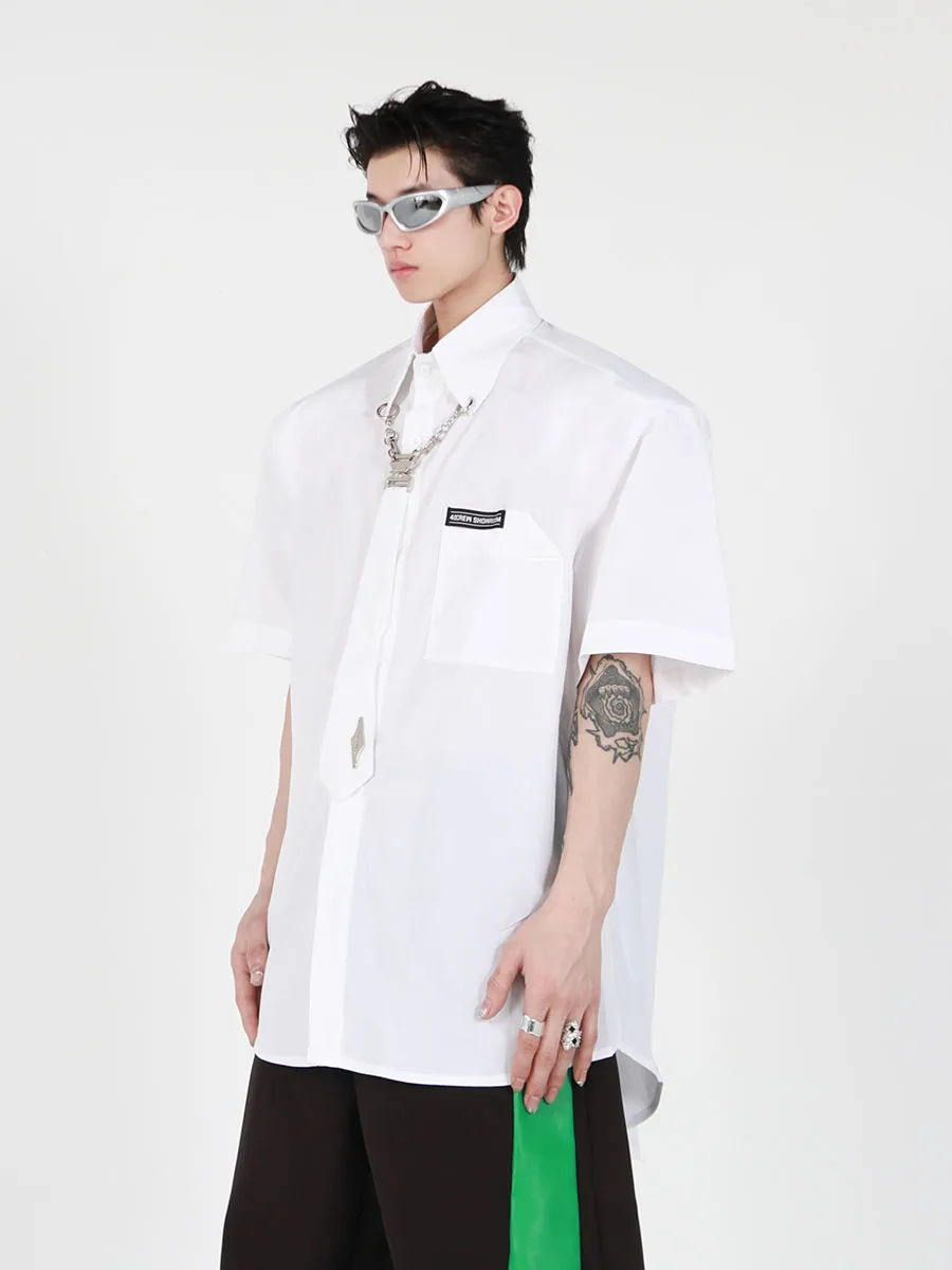 CulturE Original Men's Loose Fit Metal Tie Clip Short Sleeve Shirt Elegant Style Summer Fashion Youth  Cotton Pure Color