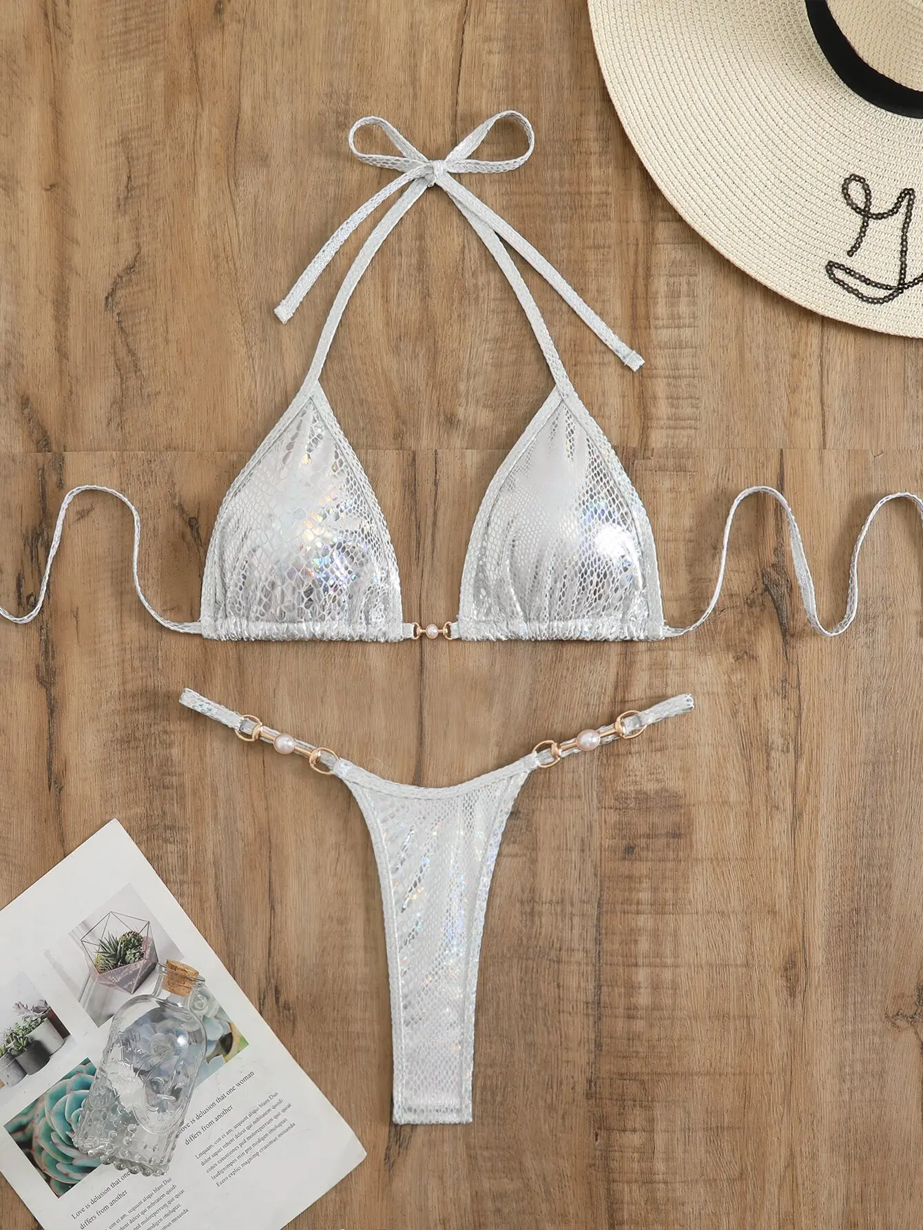 

Silver Snake Print Holographic Bikini Set, Pearl Buckle Halter Triangle Top & High Cut Thong Bottoms, Sexy Swimwear for Beach Va