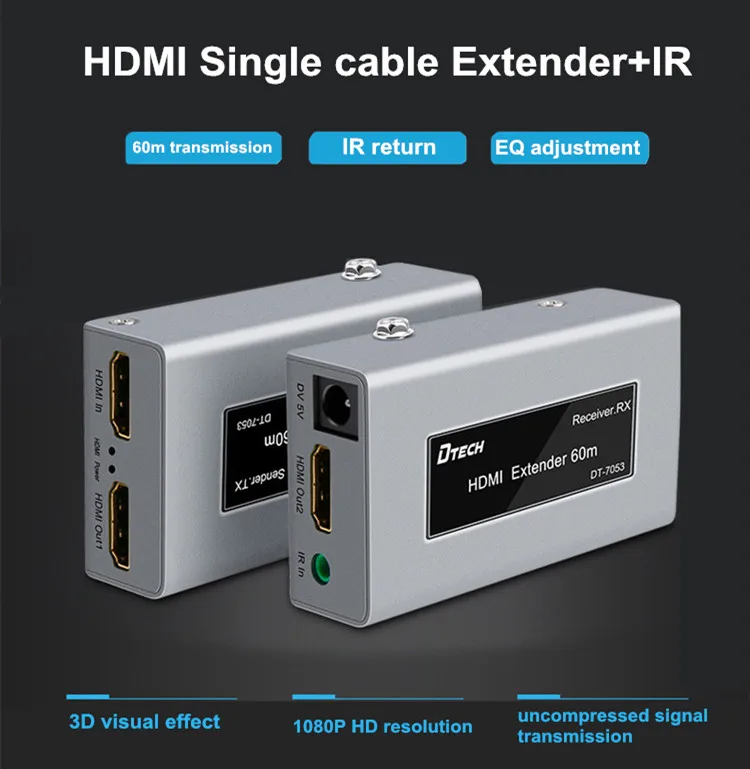 Extensor HDMI Dtech sobre único extensor Ethernet HDMI Ca5e/6 de até 196 pés Extensor HDMI 60m com IR