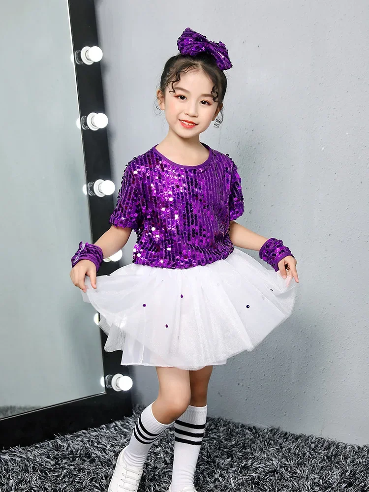 Kids Street Dance Wear Sequined Purple Hip Hop Jazz Costumes Kindergarten Boys Girls Stage Performance Suit Festival Clothing