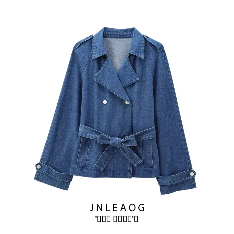 

JNLEAOG женская модная дизайнерская двухрядная джинсовая куртка на пуговицах, осенняя новинка, свободная посадка, однотонный полиэстер, длинный све