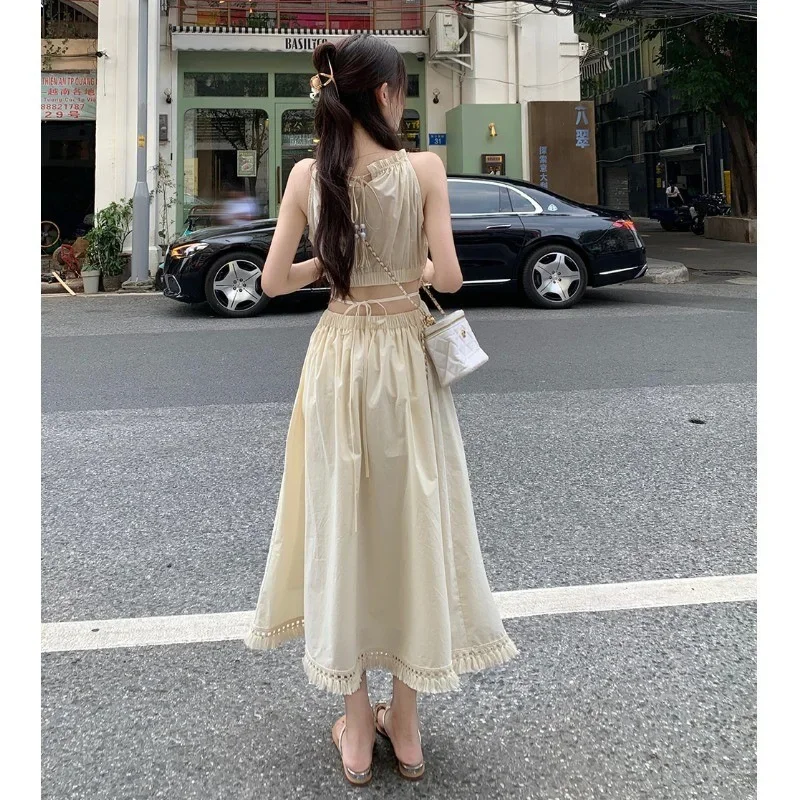 

Summer New Women's Neck Hanging Beach Dress Korean Fashion Leisure Vacation Dress Sexy Dress For Women Y2k Maxi Dresses