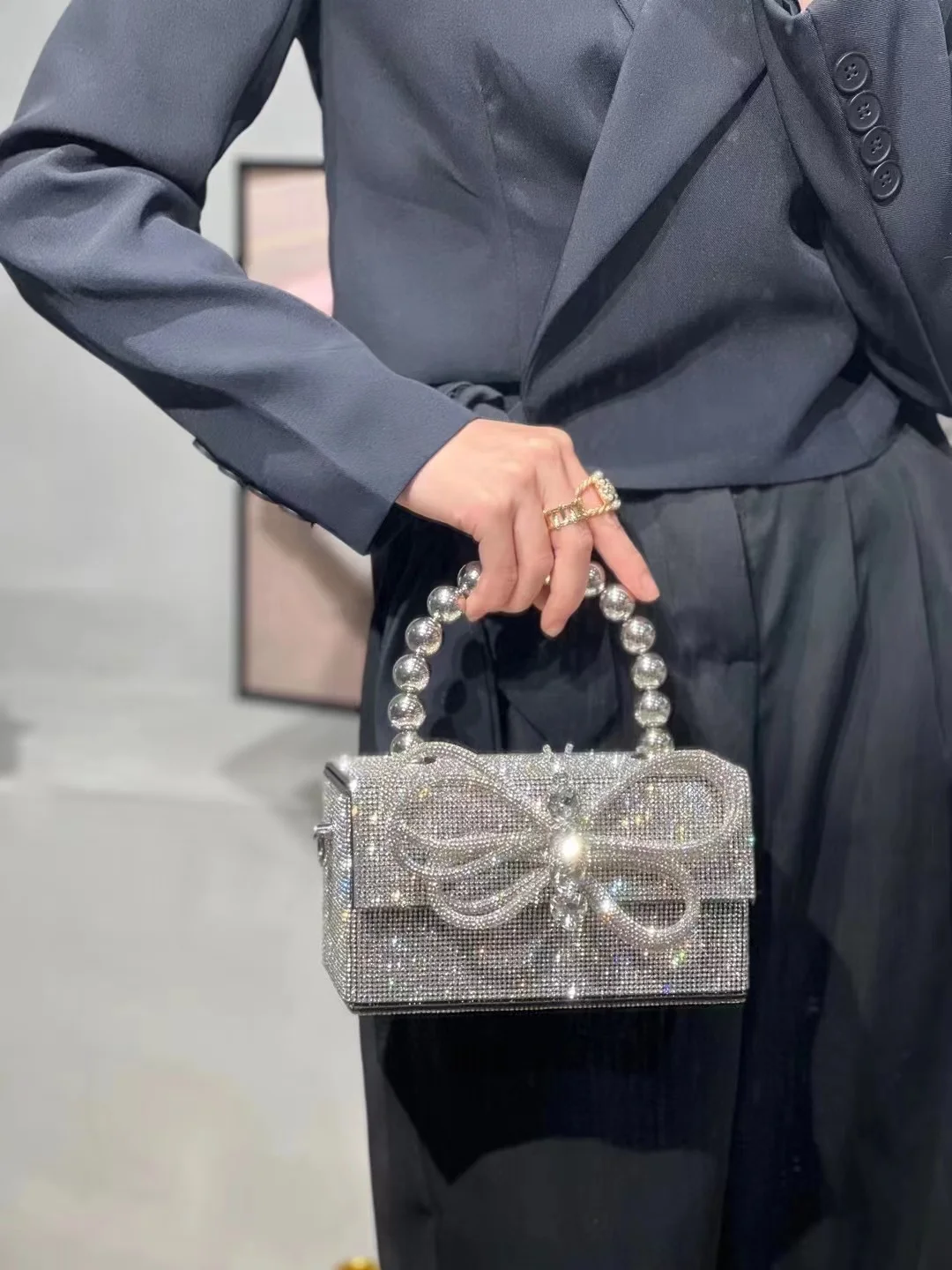 Glitter Shiny Rhinestones Diamond Bow Knot Evening Bag Fashion Women's Handbag Dinner Party Clutch Purse Shoulder Crossbody Bag