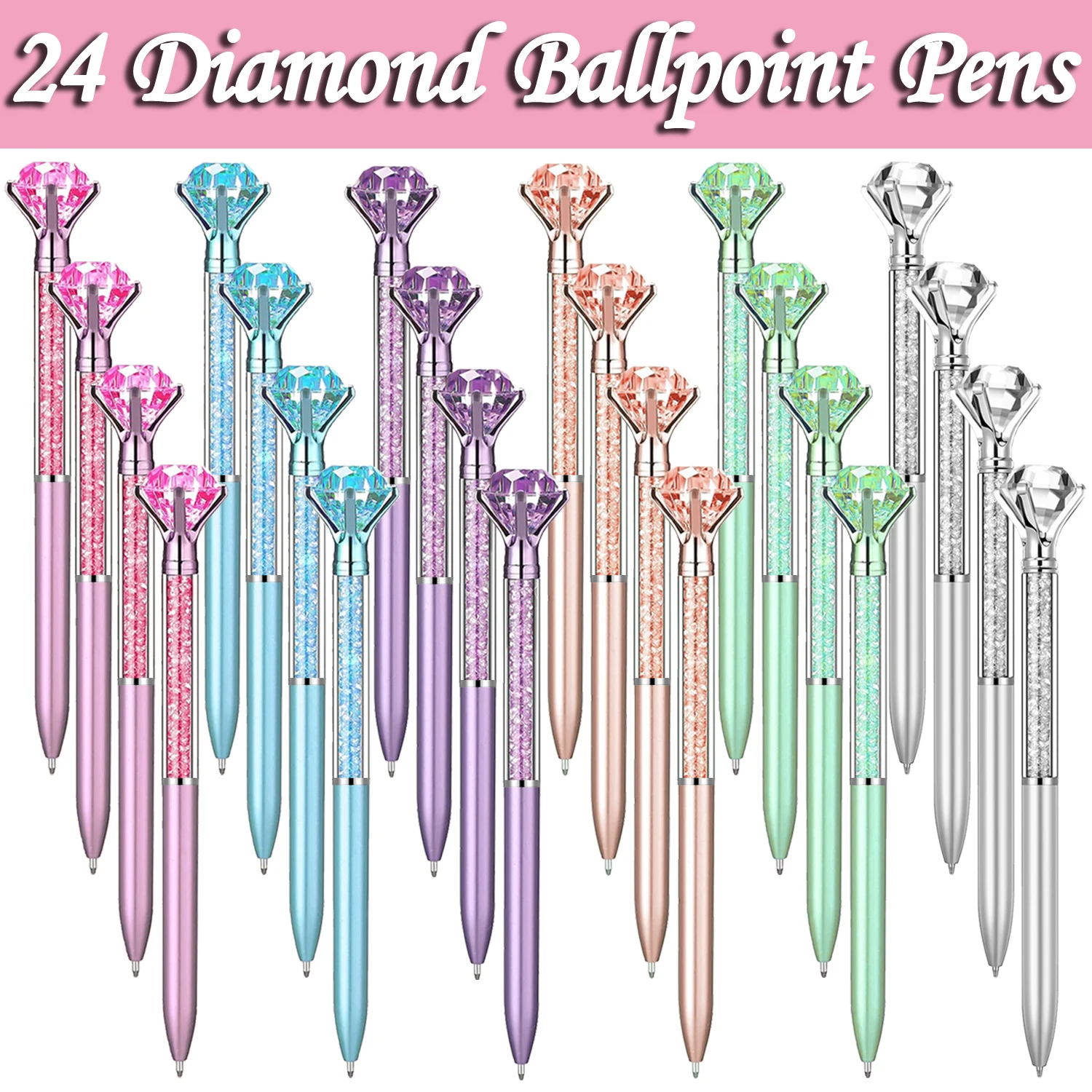

12/24/36/48Pcs Big Crystal Diamond Pens Bulk Bling Black Ink Rhinestones Ballpoint Pen Bridal Shower Decor for College Office