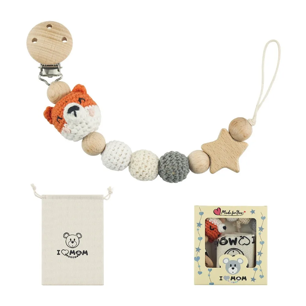 Baby Houten Fopspeen Clip Hout Gehaakt Cartoon Tandjes Fopspeen Ketting Voor Bpa Vrije Verpleging Kauw Speelgoed Baby Dummy Houder Ketting