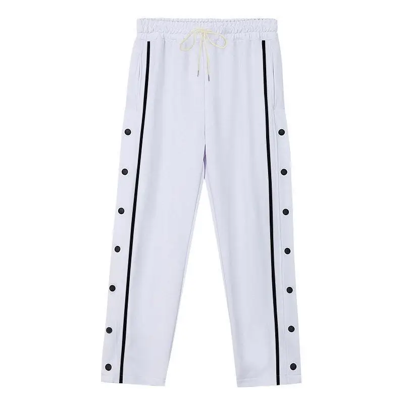 Tearable Button Loose Straight Leg Drawstring Casual Pants for Young Men Fashionable Urban Style Knitted High Waist Khaki