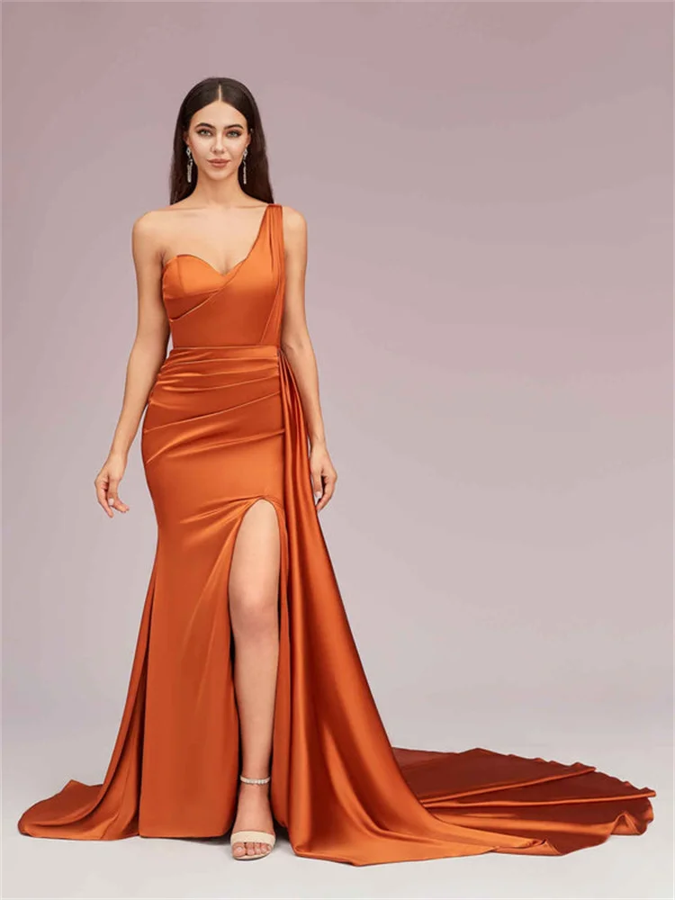 New Arrival One Shoulder Neckline Sleeveless Satin Mermaid Evening Dress Back Zipper Floor Length Sweep Train Gown For Women