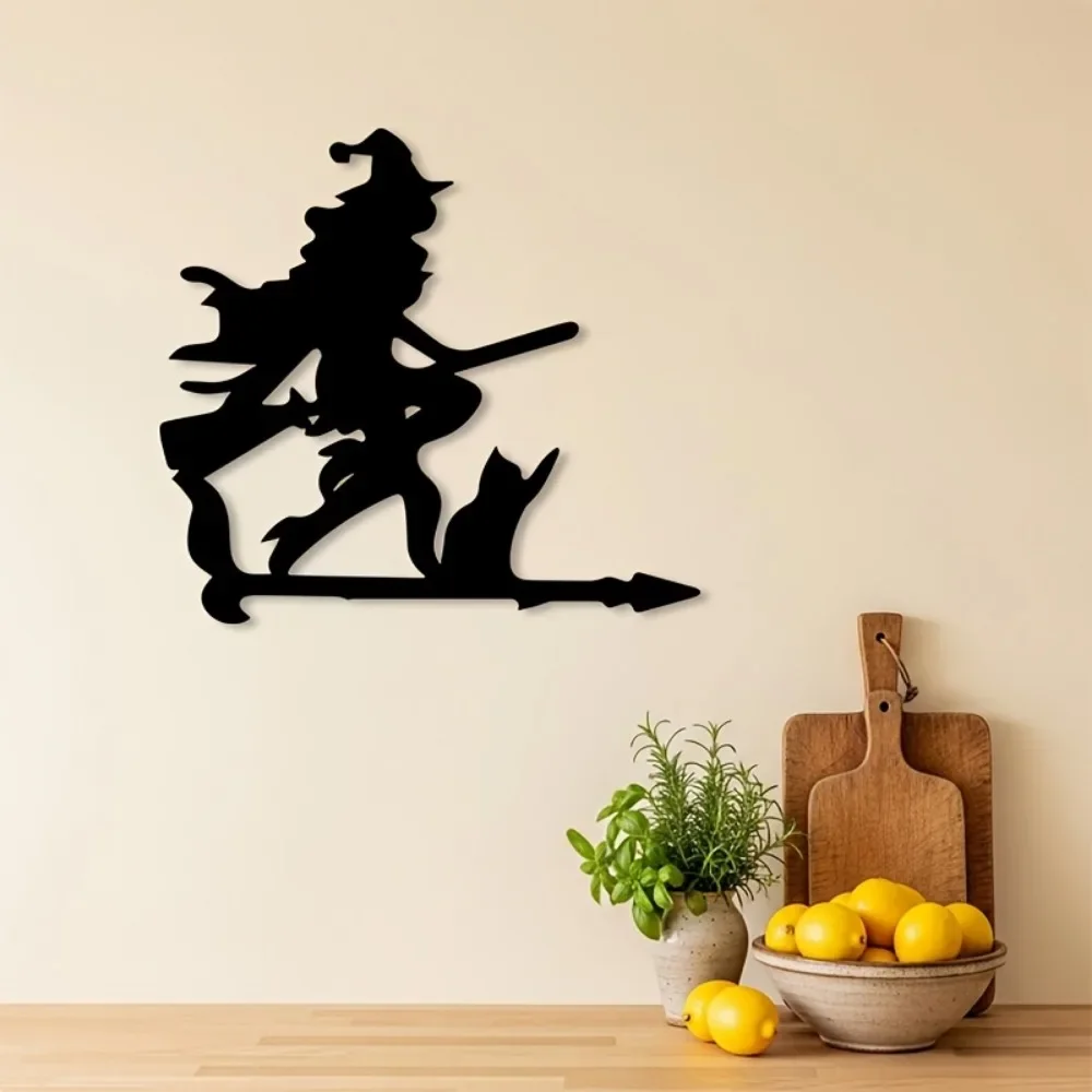 1pc CIFBUY Metal Wall Art Horror Witch Cat Statue Mural, 2D Flat Laser Cut Metal Sign, Powder-Coated Rustproof Waterproof